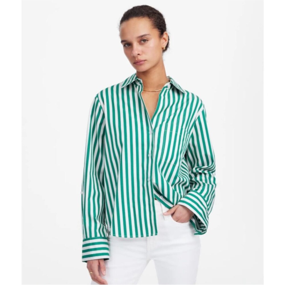 Madewell Green and White Striped Button Down Shirt